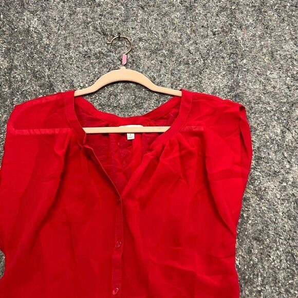Olsenboye Blouse Shirt Women S Red Short Sleeve Thin Lightweight Button Sheer - Picture 3 of 8